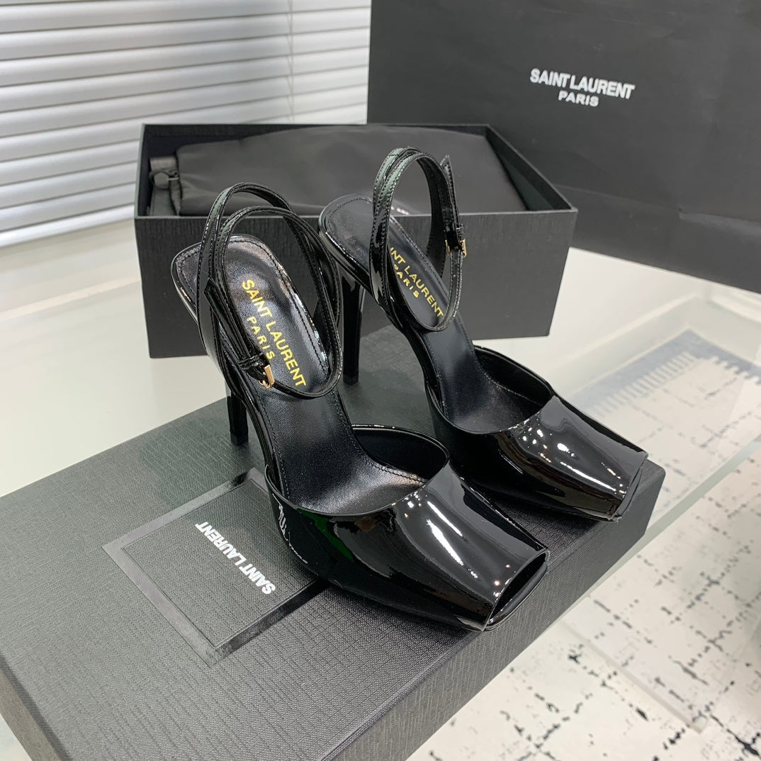 Luxury Saint Laurent SL FISH MOUTH SANDAL PUMP BLACK POLISHED CALFSKIN