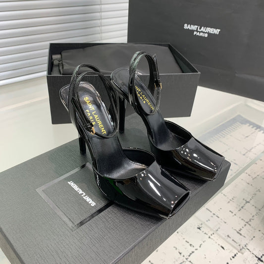 Luxury Saint Laurent SL FISH MOUTH SANDAL PUMP BLACK POLISHED CALFSKIN