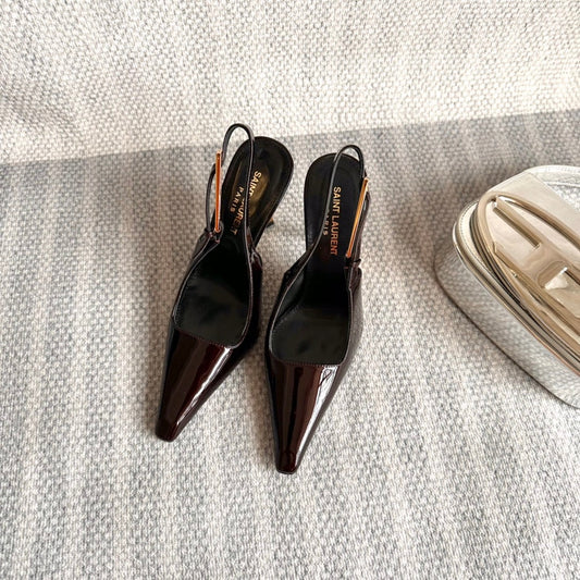 Luxury Saint Laurent LEE SLINGBACK PUMPS 105 IN MAROON PATENT LEATHER GOLD HEEL