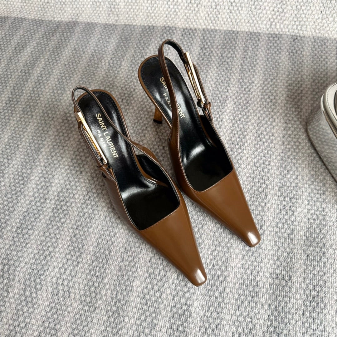 Luxury Saint Laurent LEE SLINGBACK PUMPS 105 IN BROWN PATENT LEATHER GOLD HEEL