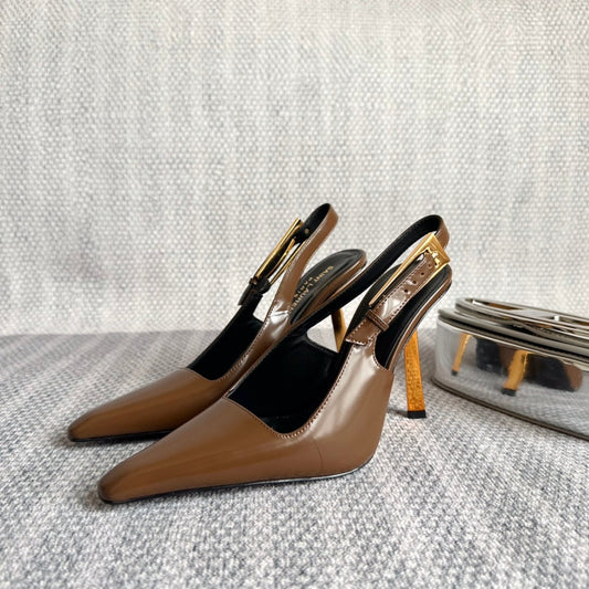 Luxury Saint Laurent LEE SLINGBACK PUMPS 105 IN BROWN PATENT LEATHER GOLD HEEL