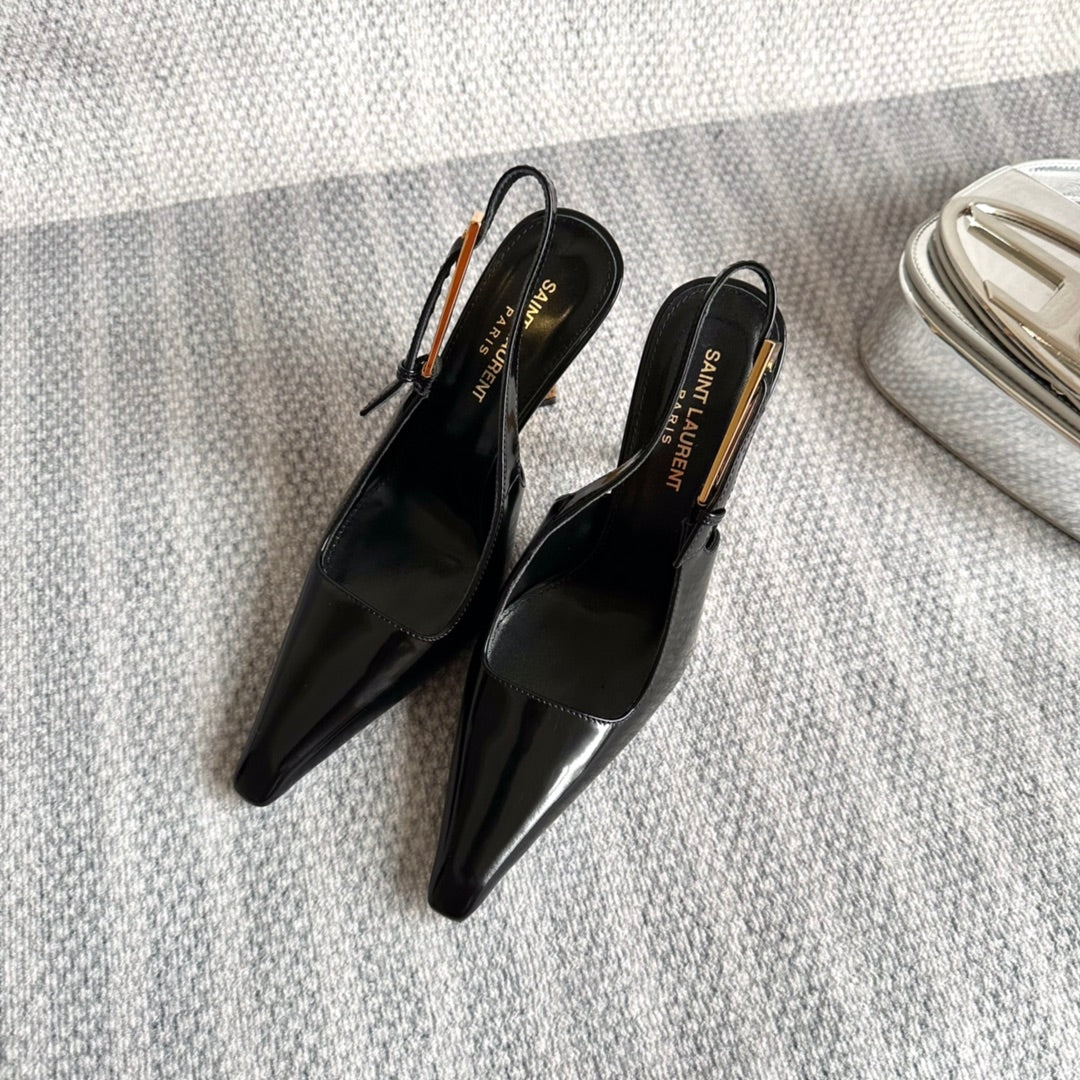 Luxury Saint Laurent LEE SLINGBACK PUMPS 105 IN BLACK PATENT LEATHER GOLD HEEL
