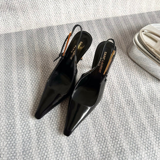 Luxury Saint Laurent LEE SLINGBACK PUMPS 105 IN BLACK PATENT LEATHER GOLD HEEL