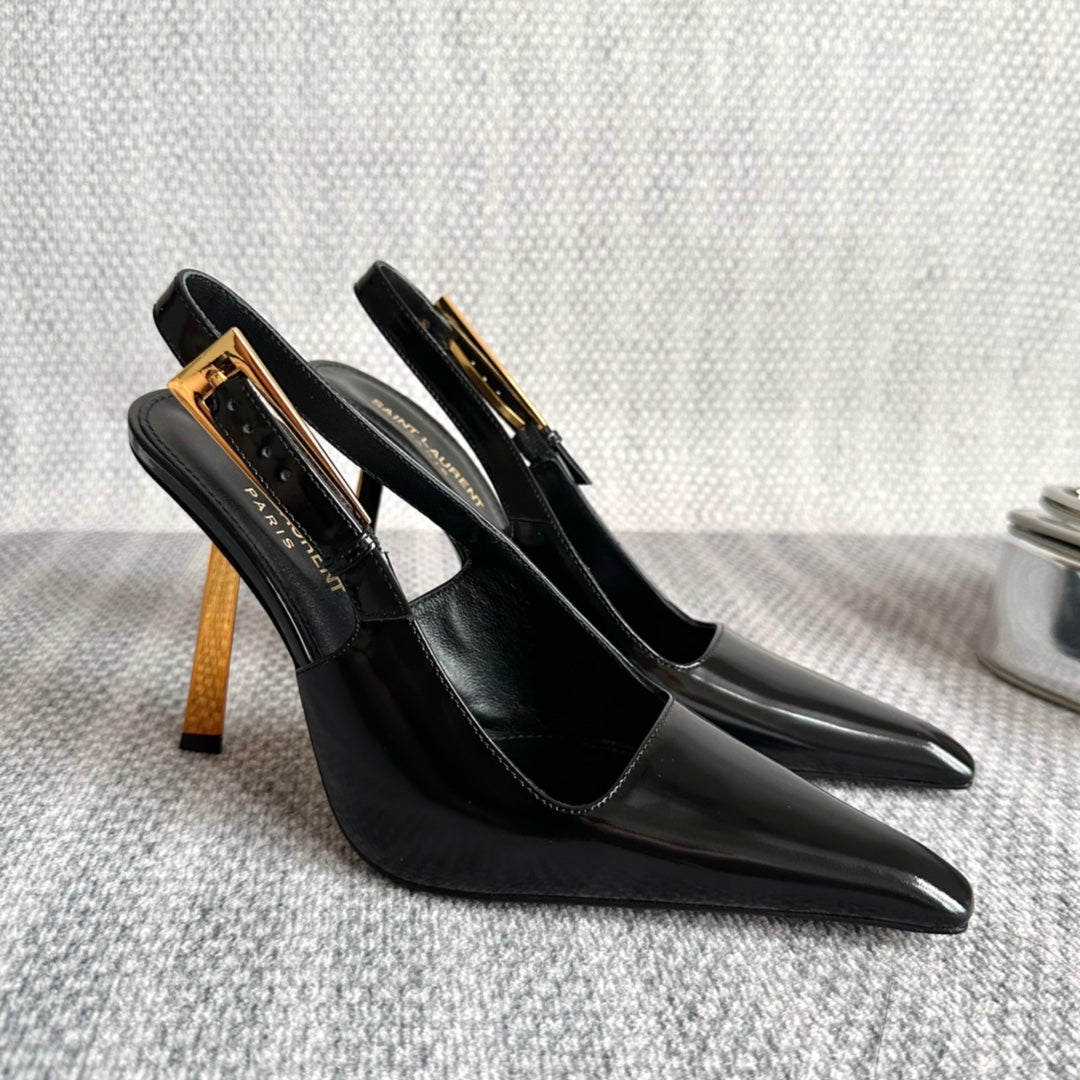 Luxury Saint Laurent LEE SLINGBACK PUMPS 105 IN BLACK PATENT LEATHER GOLD HEEL