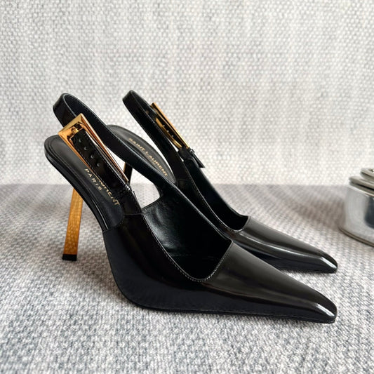 Luxury Saint Laurent LEE SLINGBACK PUMPS 105 IN BLACK PATENT LEATHER GOLD HEEL