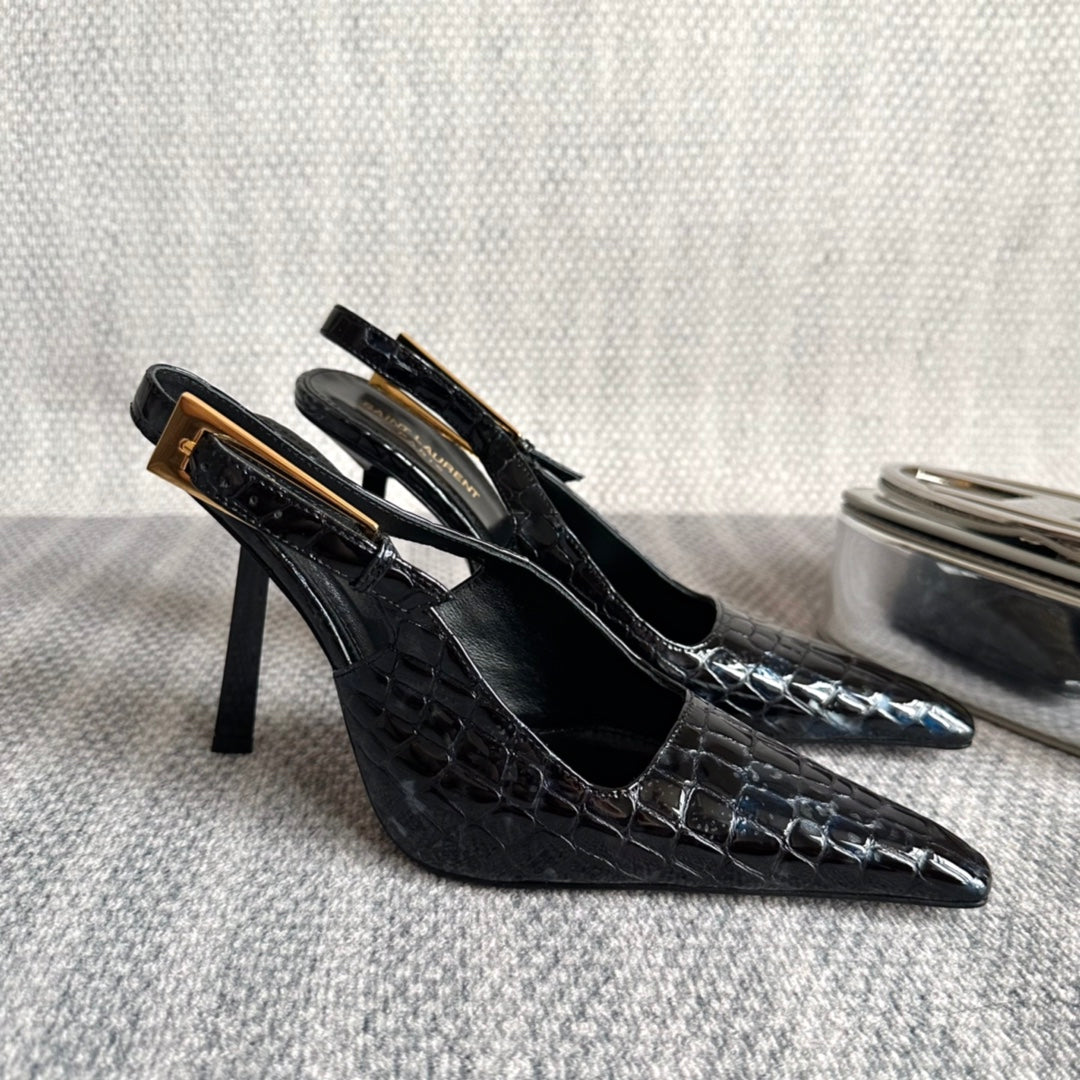 Luxury Saint Laurent LEE SLINGBACK PUMPS 105 IN BLACK CROCODILE-EMBOSSED LEATHER