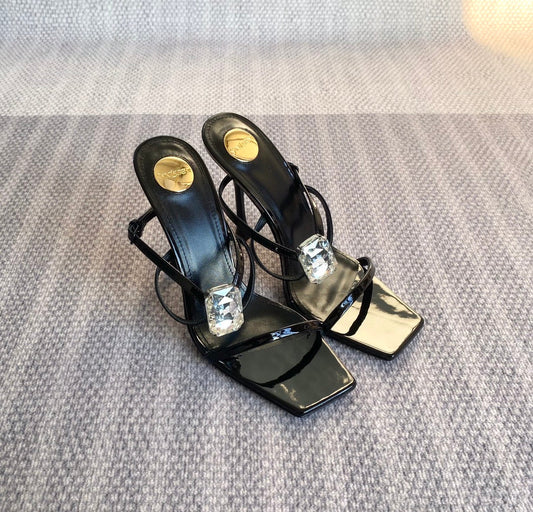 Luxury Saint Laurent HIGH MULES WITH GEM IN BLACK GLOSSY CALFSKIN