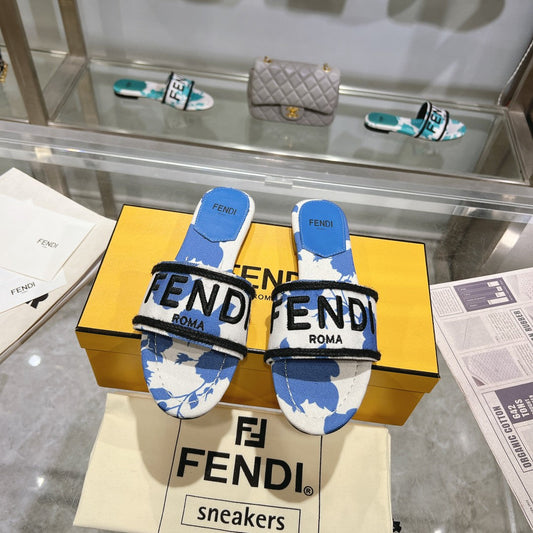 Luxury FendiFF Women Signature Slides Blue White Canvas Slide