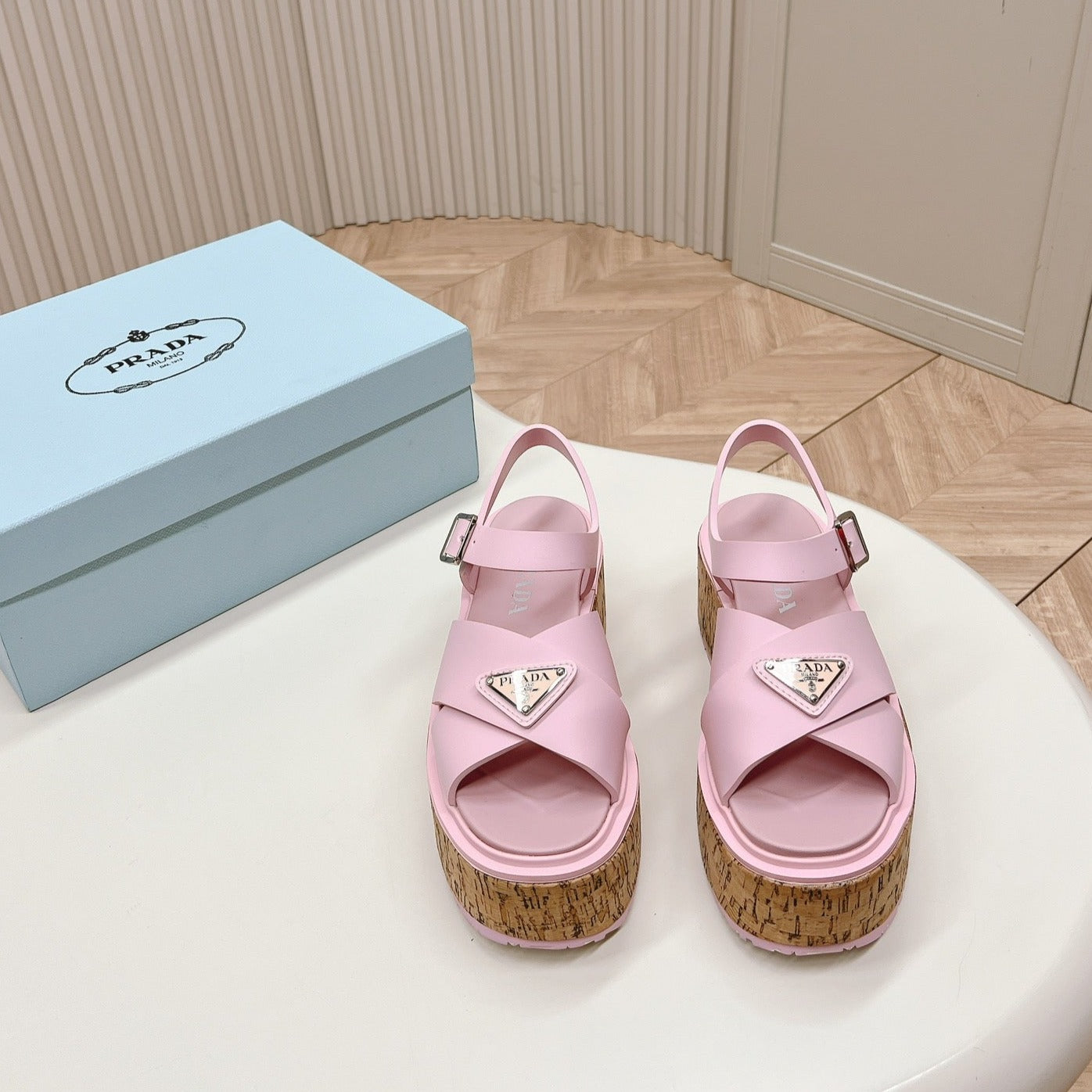 Luxury PradaWEDGE PLATFORM SANDALS PASTEL PINK CALFSKIN