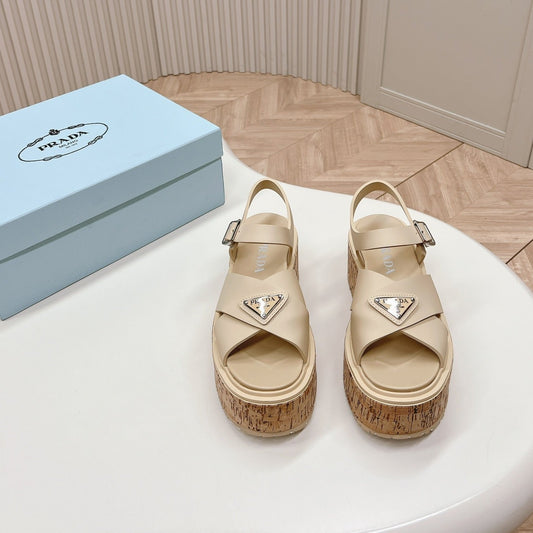 Luxury PradaWEDGE PLATFORM SANDALS BEIGE CALFSKIN