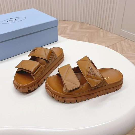 Luxury PradaDouble Strap Quilted Slide 20 Tan Calfskin