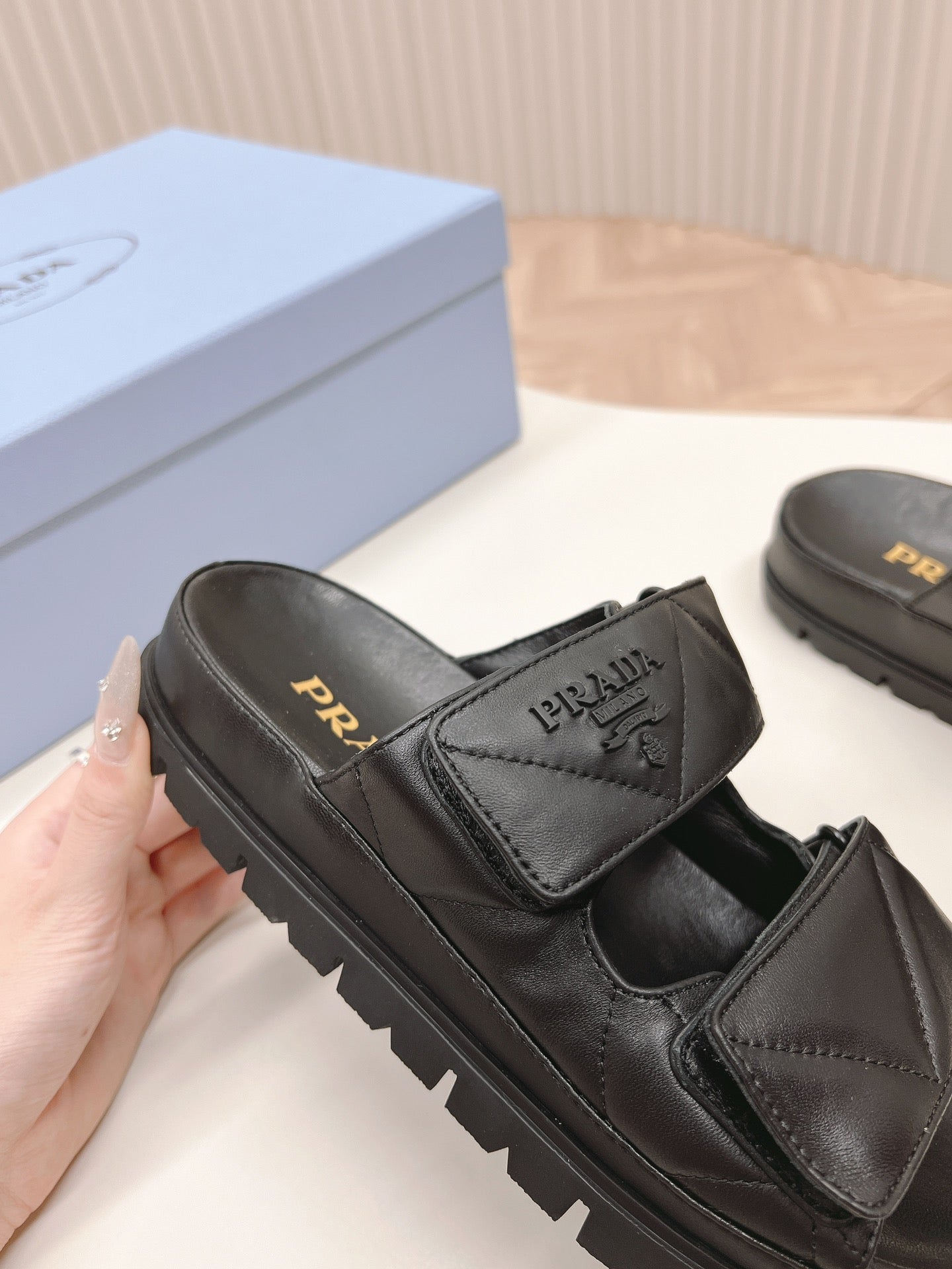 Luxury PradaDouble Strap Quilted Slide 20 Black Calfskin
