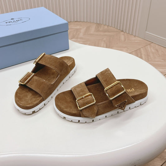 Luxury PradaDouble Buckle Strap Slides 20 Brown Suede