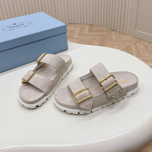 Luxury PradaDouble Buckle Strap Slides 20 Light Grey Suede