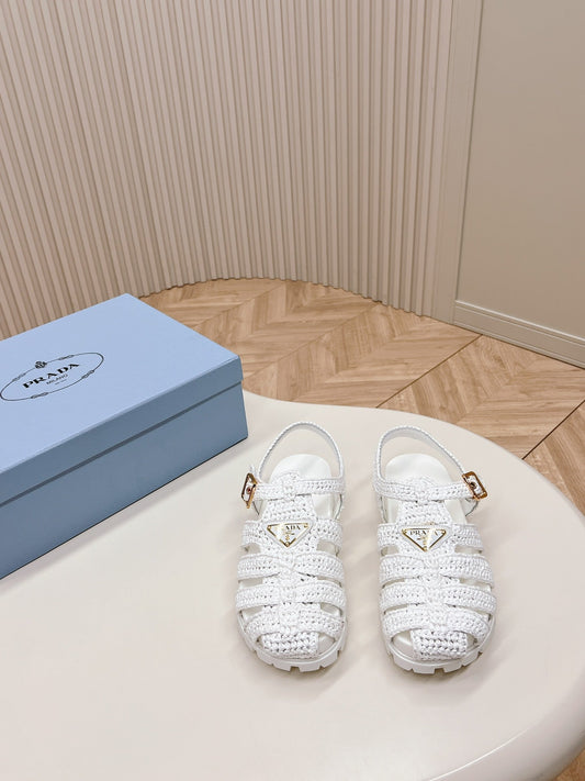 Luxury PradaMonolith Crochet Cage Sandals 30 White