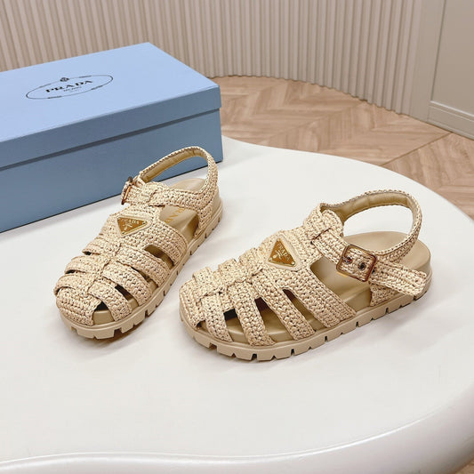 Luxury PradaMonolith Crochet Cage Sandals 30 Beige