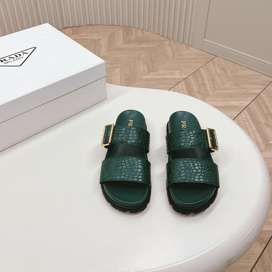 Luxury PradaCROCODILE MOTIF SLIDES SANDALS CASTLETON GREEN CALFSKIN