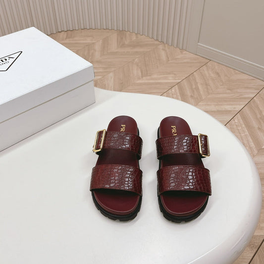 Luxury PradaCROCODILE MOTIF SLIDES SANDALS WINE CALFSKIN