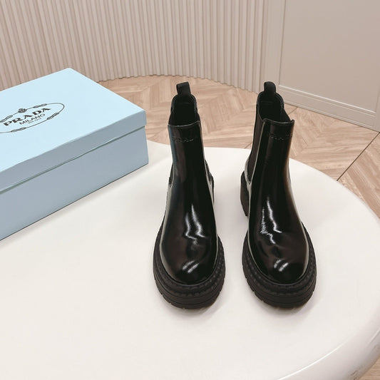 Luxury PradaBRUSHED BOOTIES GLOSSY BLACK CALFSKIN