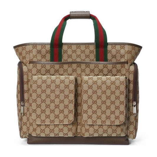 Luxury Gucci DIAPER BAG 40 WITH WEB IN BEIGE AND EBONY CANVAS MIX BROW CALFSKIN