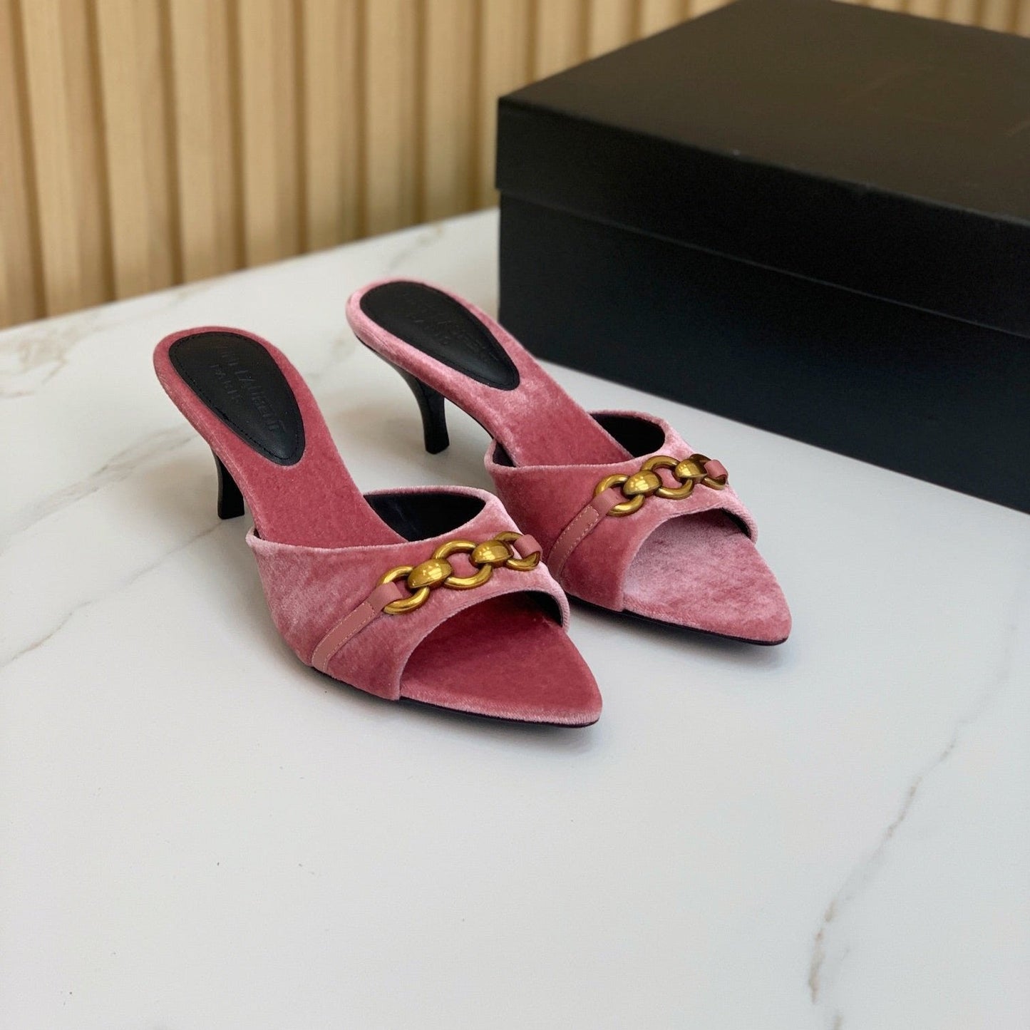 Luxury Saint Laurent SL CHAIN ATTACH HEELED MULES BLUSH PINK VELVET
