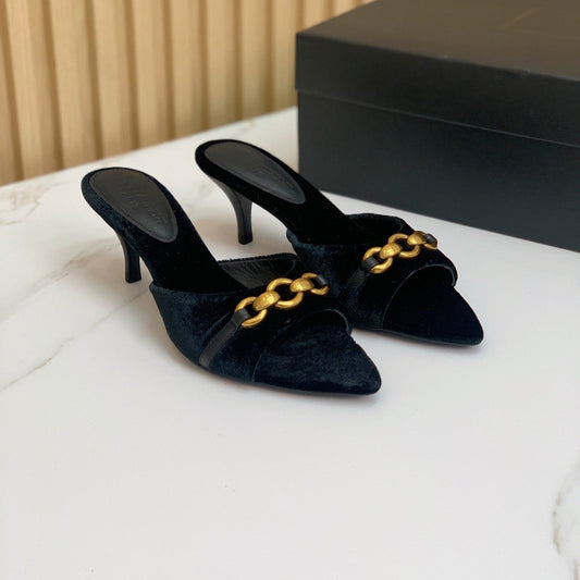 Luxury Saint Laurent SL CHAIN ATTACH HEELED MULES BLACK VELVET