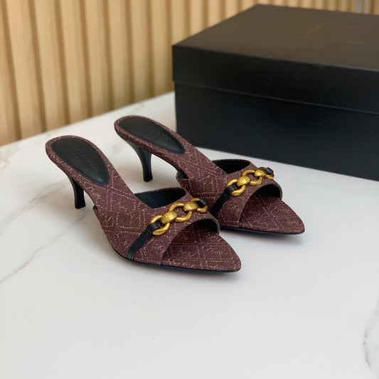 Luxury Saint Laurent SL CHAIN ATTACH HEELED MULES BROWN DENIM