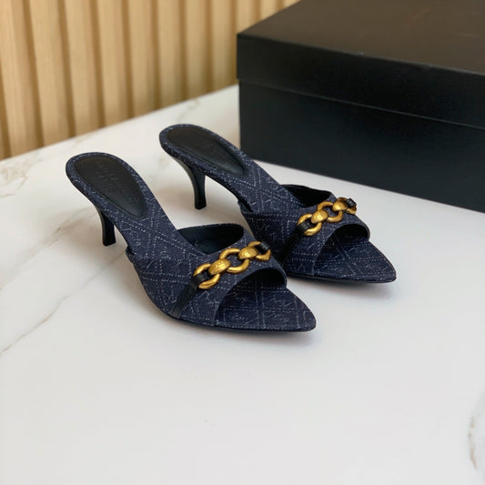 Luxury Saint Laurent SL CHAIN ATTACH HEELED MULES INDIGO DENIM