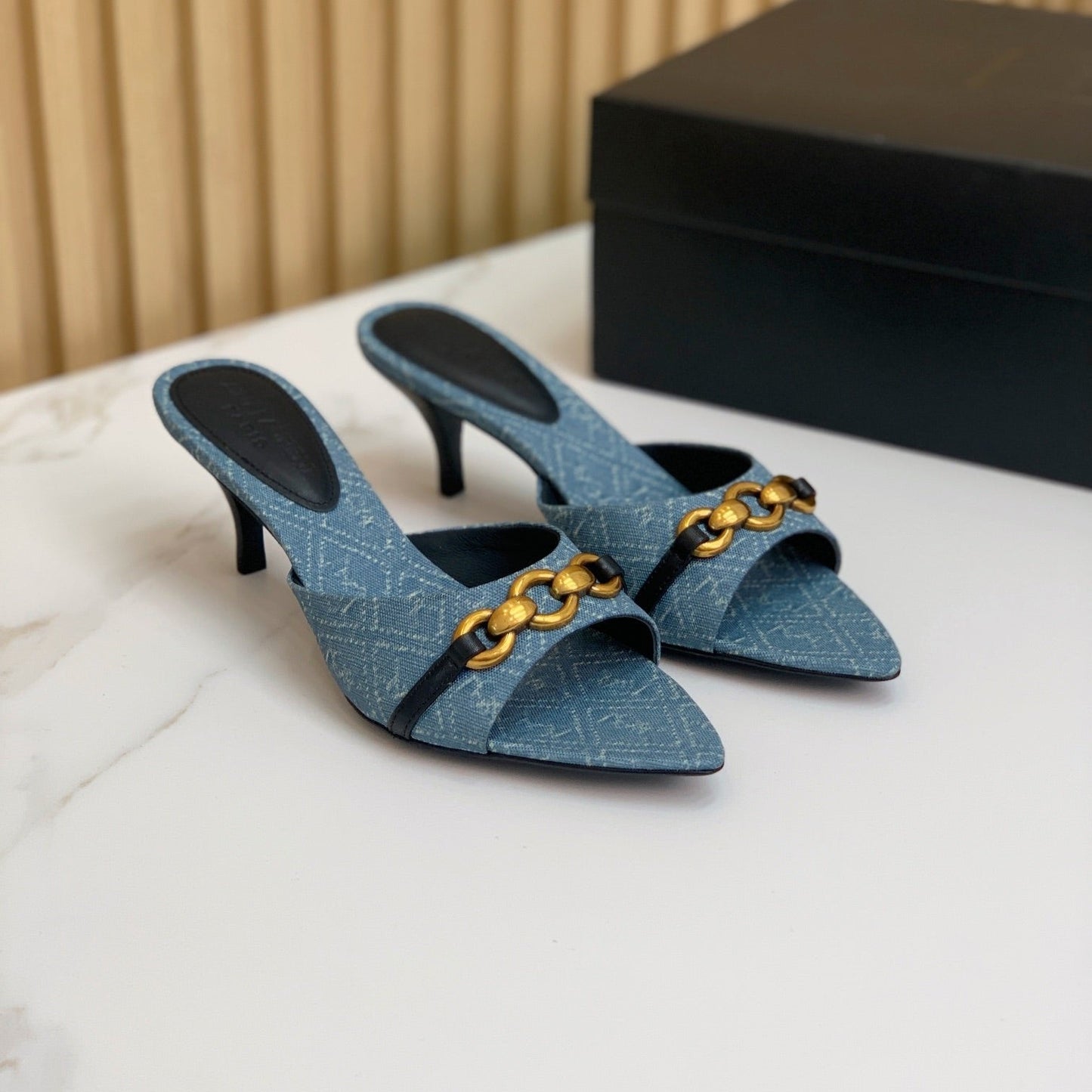 Luxury Saint Laurent SL CHAIN ATTACH HEELED MULES CERULEAN DENIM