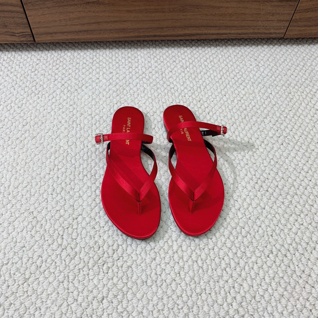 Luxury Saint Laurent SL CRYSTAL BUCKLE THONG SANDAL RED SATIN