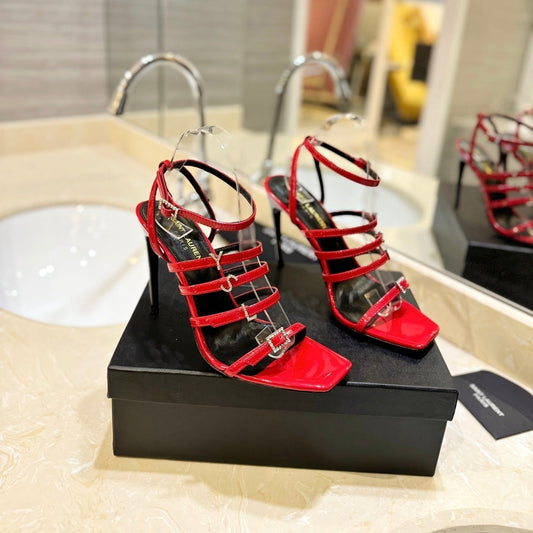 Luxury Saint Laurent SL JERRY HEELED SANDALS RED POLISHED CALFSKIN