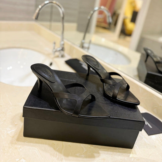 Luxury Saint Laurent SL OPEN-TOES HIGH HEELS SLIPPER BLACK CALFSKIN