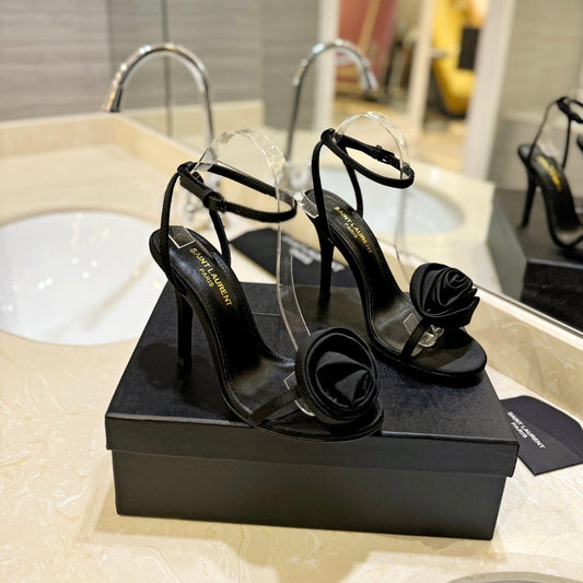 Luxury Saint Laurent SL IVY FLORAL HEEL SANDALS BLACK SATIN