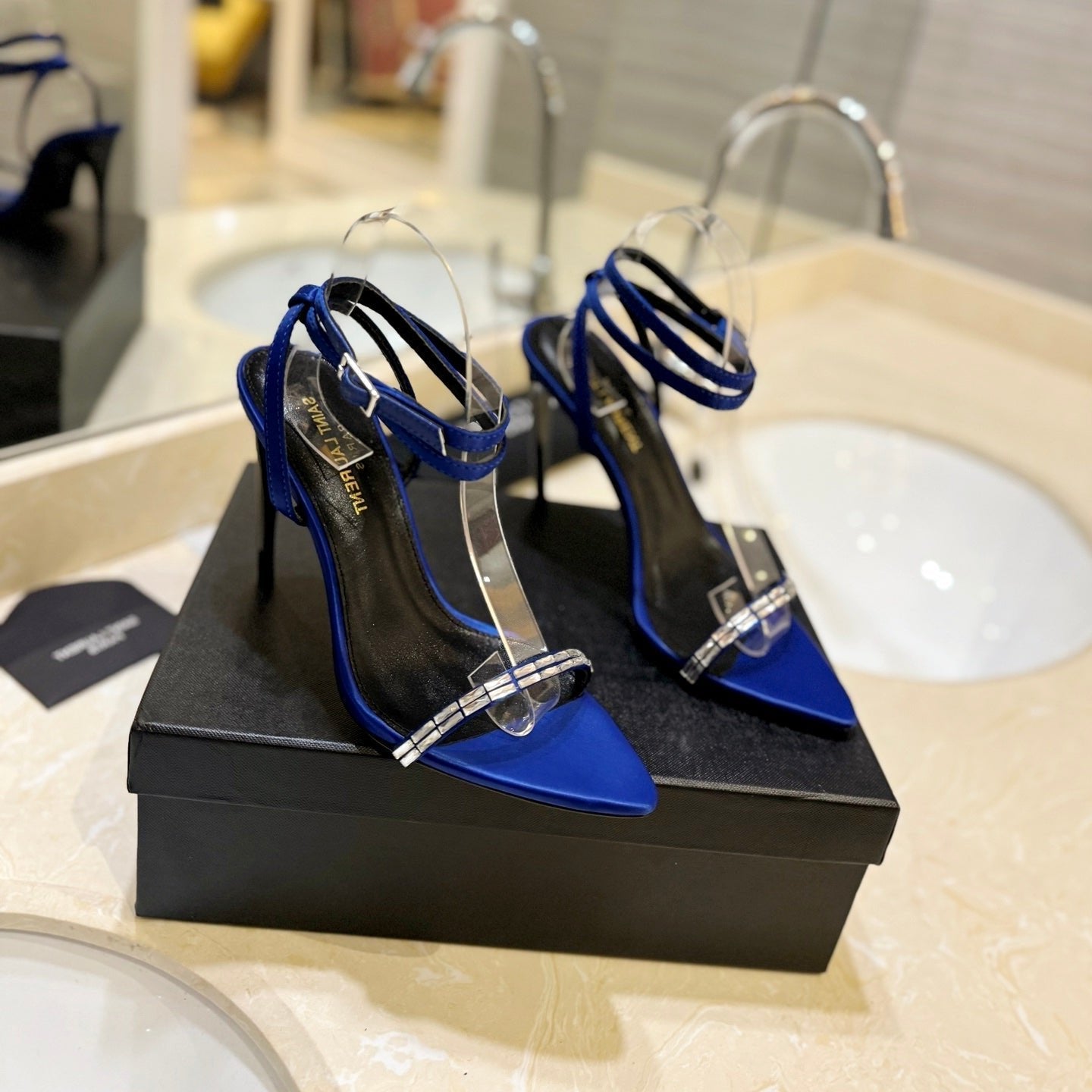 Luxury Saint Laurent SL RHINESTONE HEELED SANDALS COBALT SATIN