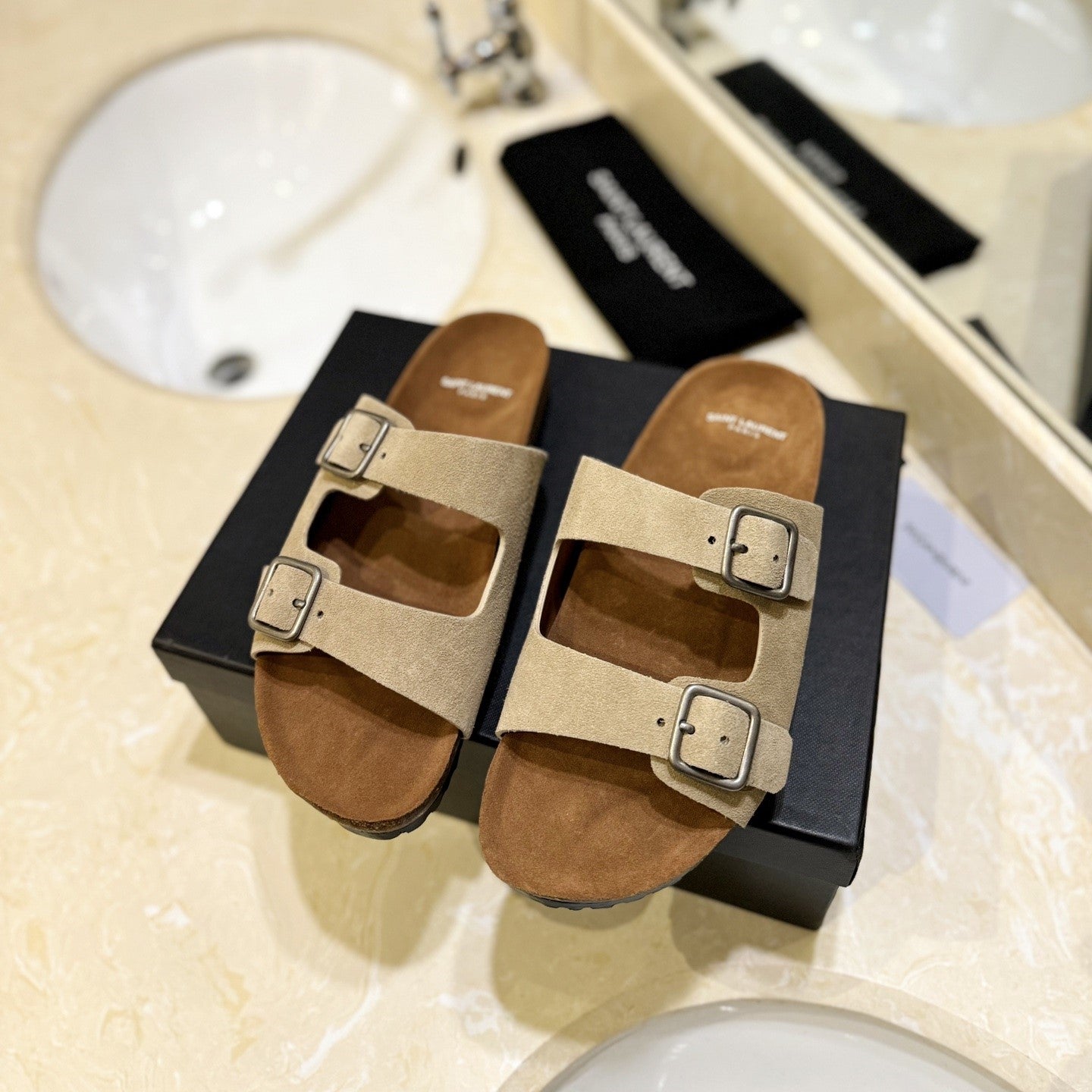 Luxury Saint Laurent SL Flat Sandal Women Brown Beige Seude