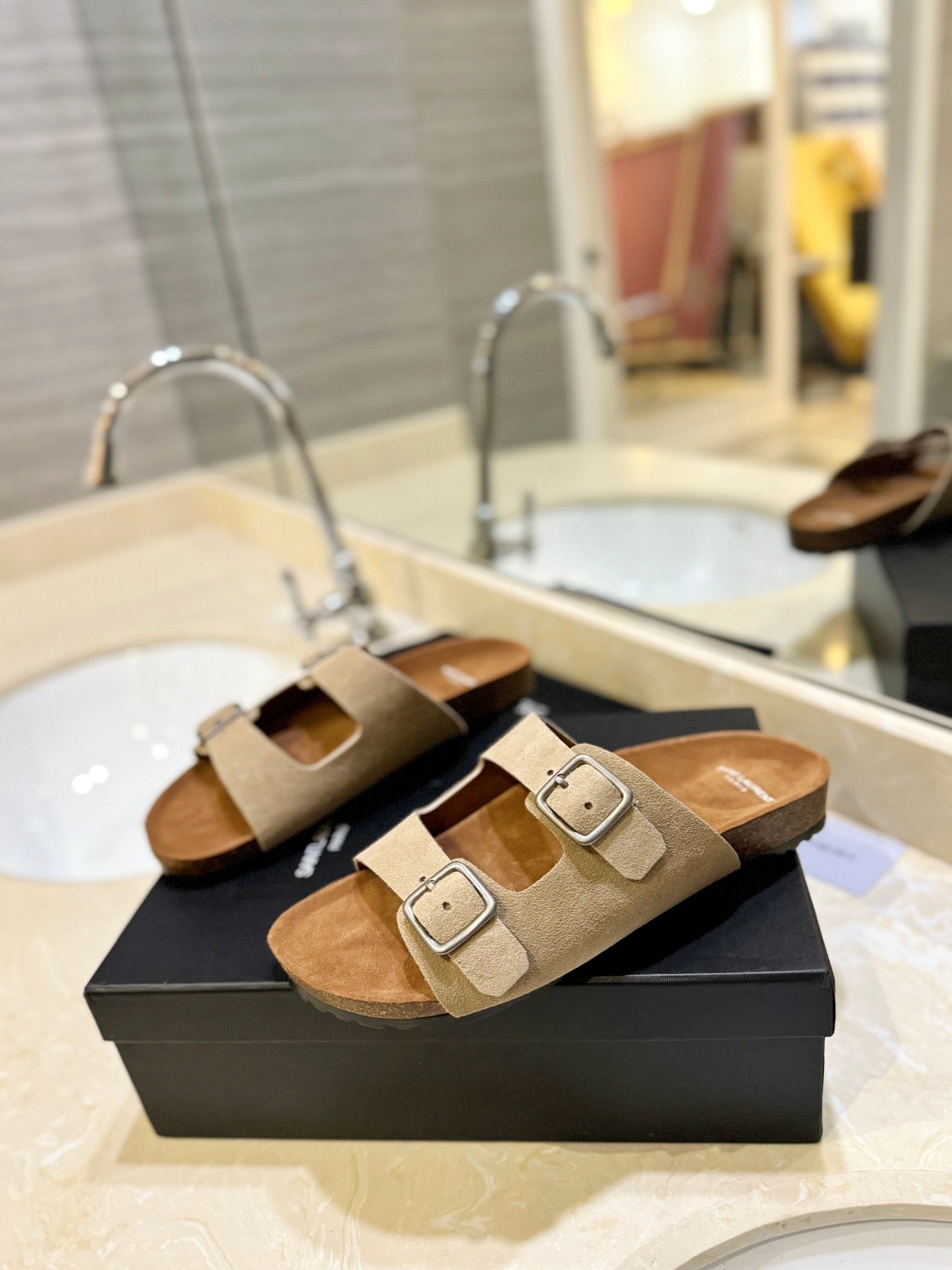 Luxury Saint Laurent SL Flat Sandal Women Brown Beige Seude
