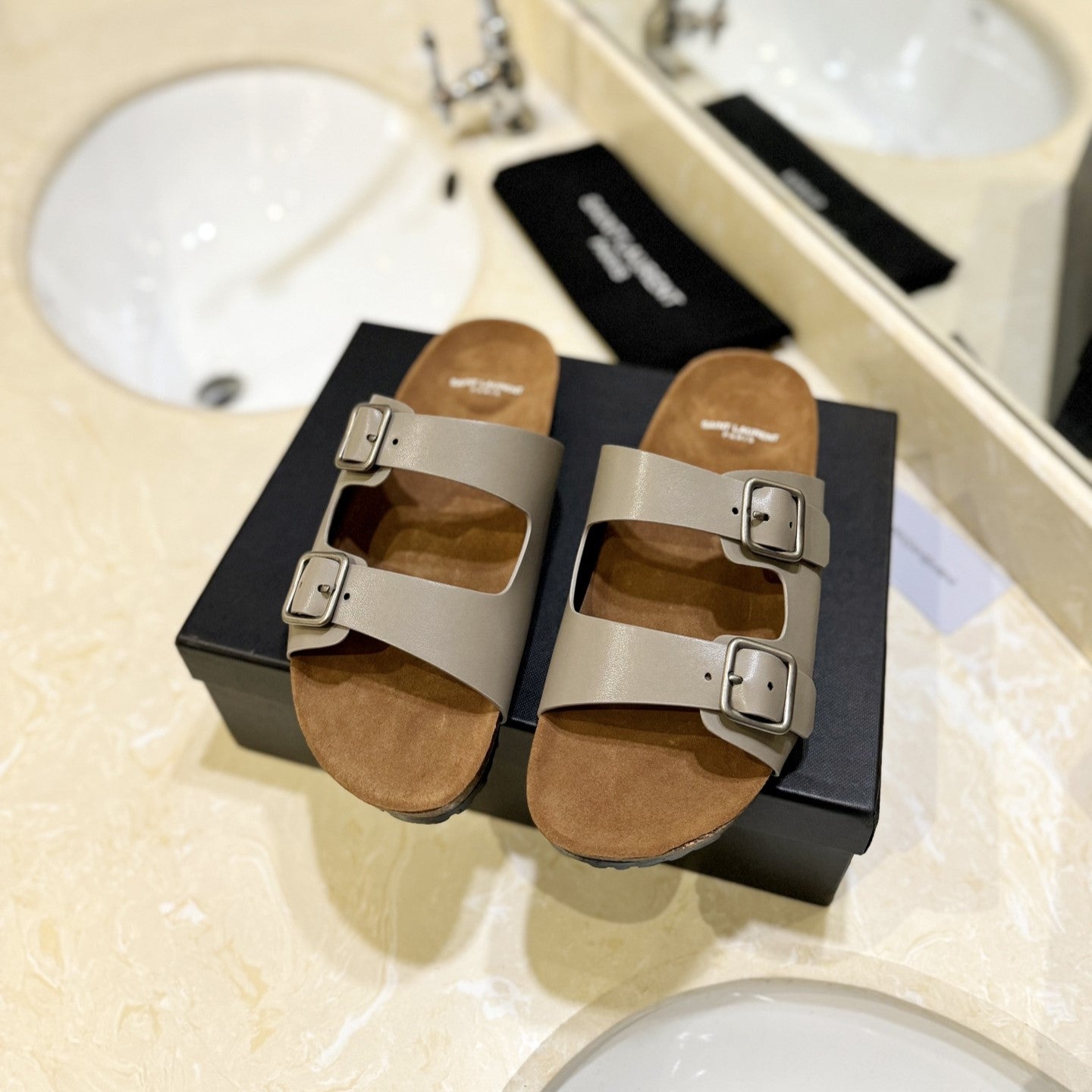 Luxury Saint Laurent SL Flat Sandal Women Brown Seude Grey Calfskin