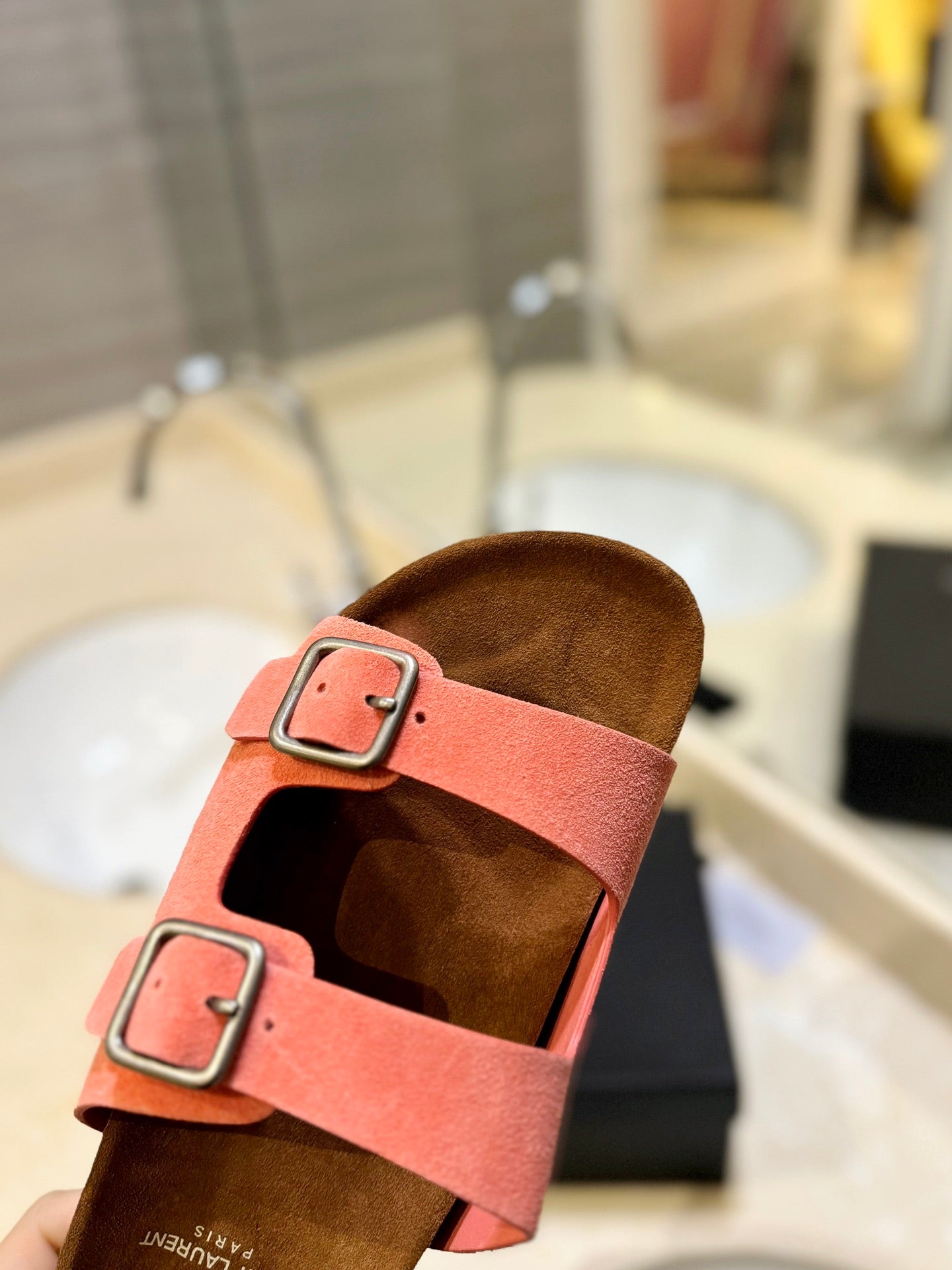 Luxury Saint Laurent SL Flat Sandal Women Brown Pink Seude
