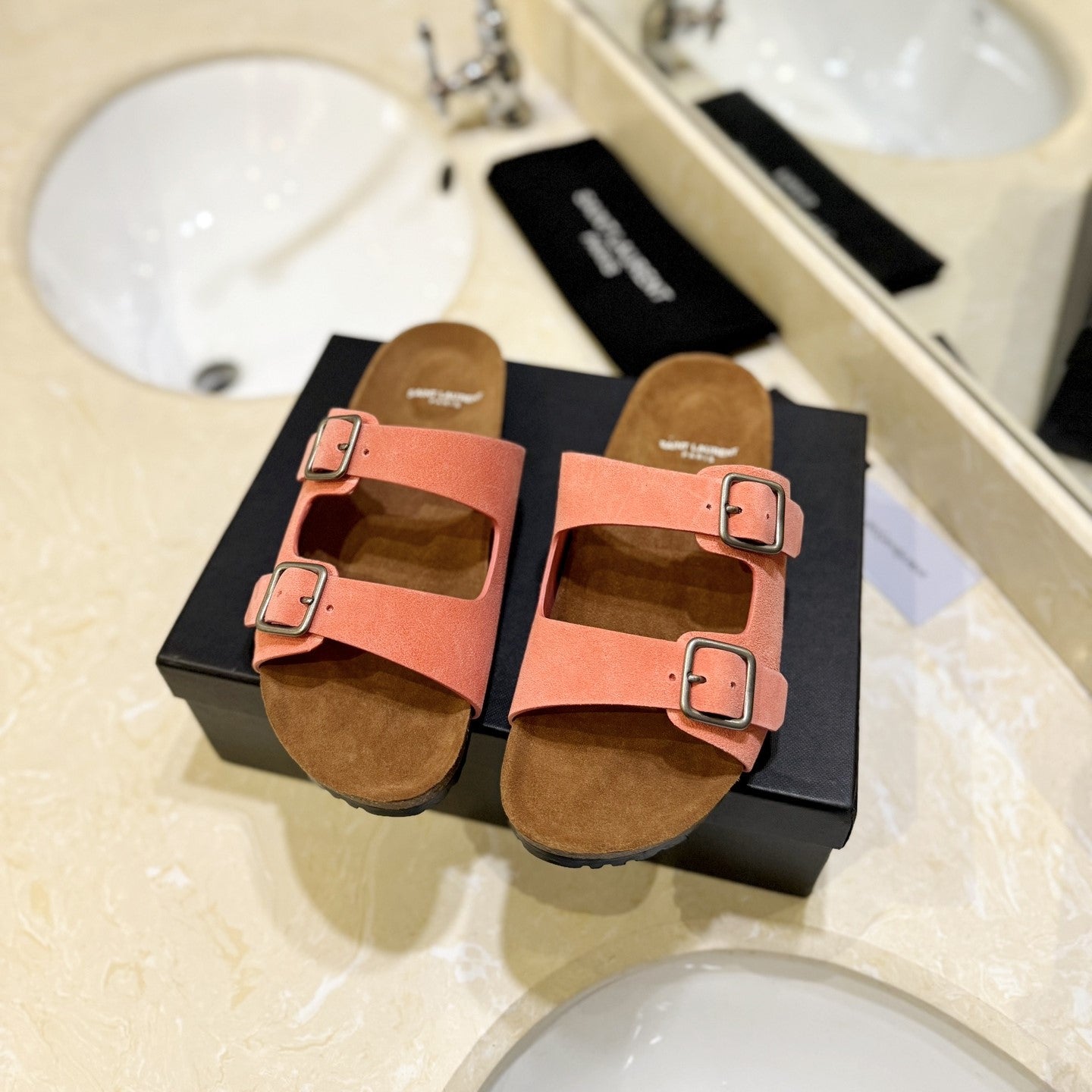 Luxury Saint Laurent SL Flat Sandal Women Brown Pink Seude