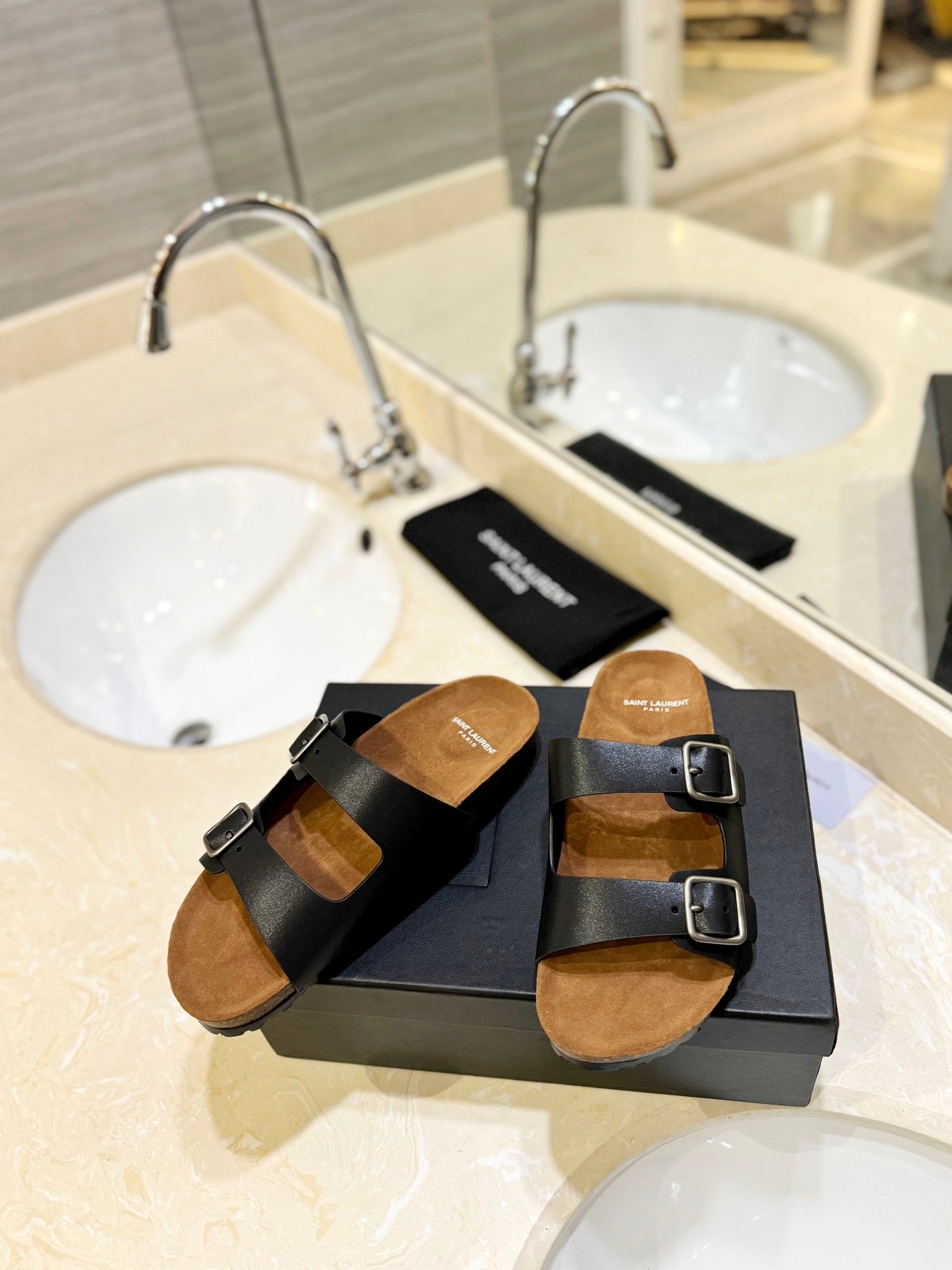 Luxury Saint Laurent SL Flat Sandal Women Brown Seude Black Calfskin