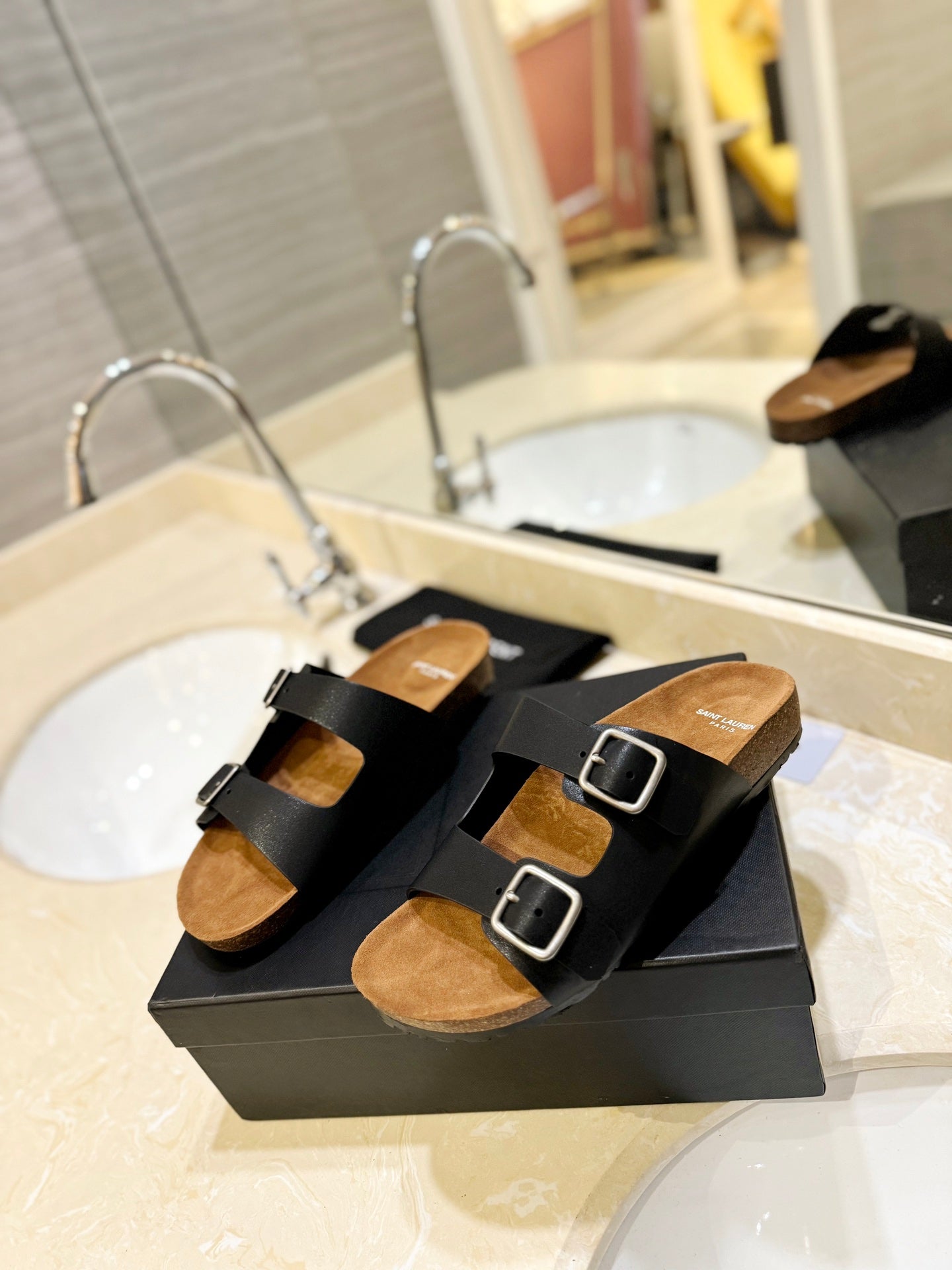 Luxury Saint Laurent SL Flat Sandal Women Brown Seude Black Calfskin