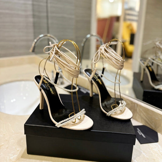 Luxury Saint Laurent SL PEARL HIGH HEEL SANDALS CREAM CALFSKIN