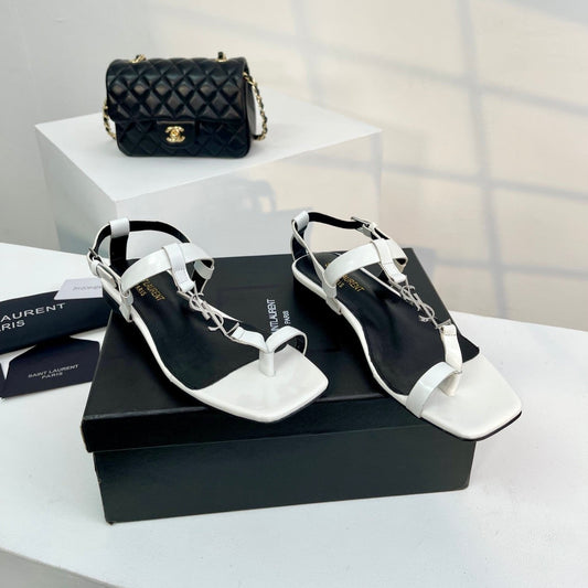Luxury Saint Laurent SL CASSANDRA ONE SANDAL FLAT WHITE CALFSKIN