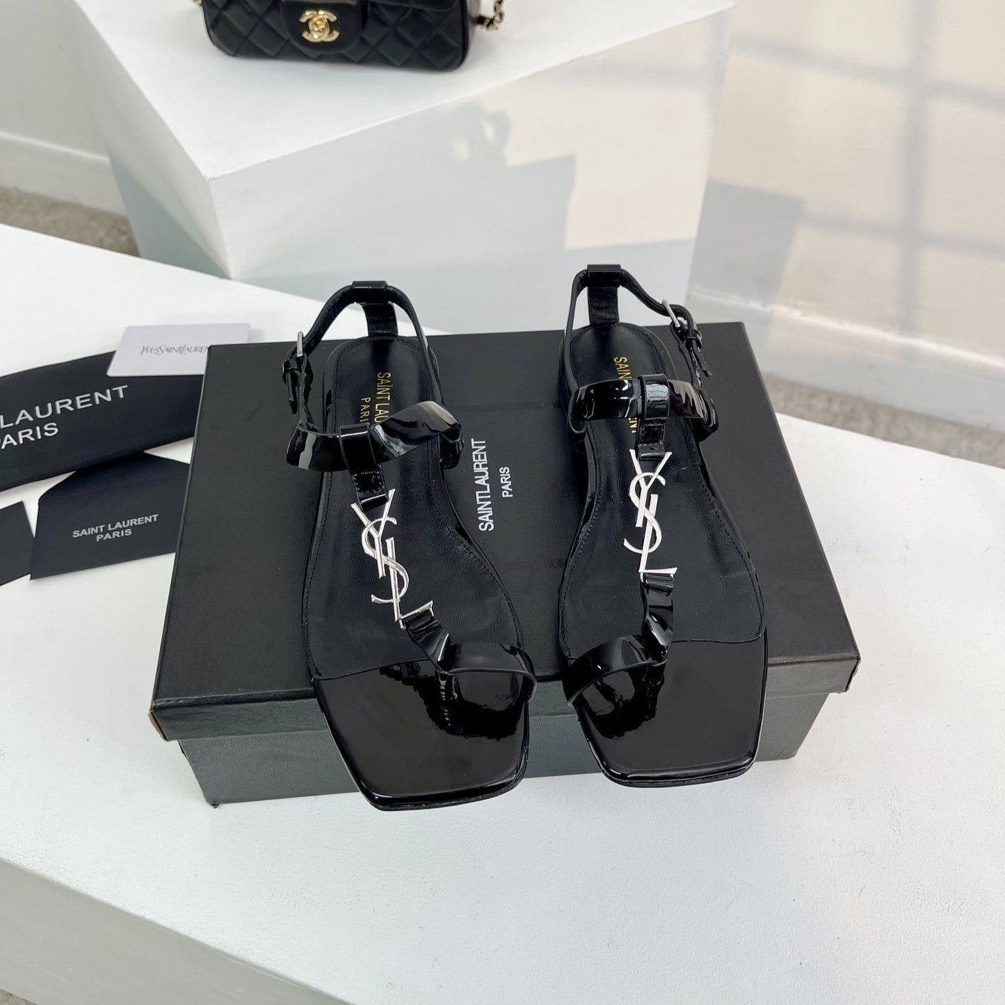 Luxury Saint Laurent SL Cassandra Flat Sandals Black Patent Leather