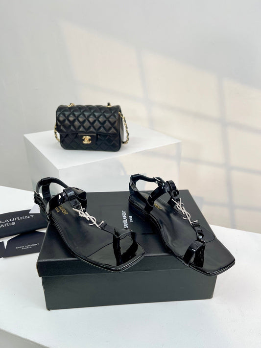 Luxury Saint Laurent SL Cassandra Flat Sandals Black Patent Leather