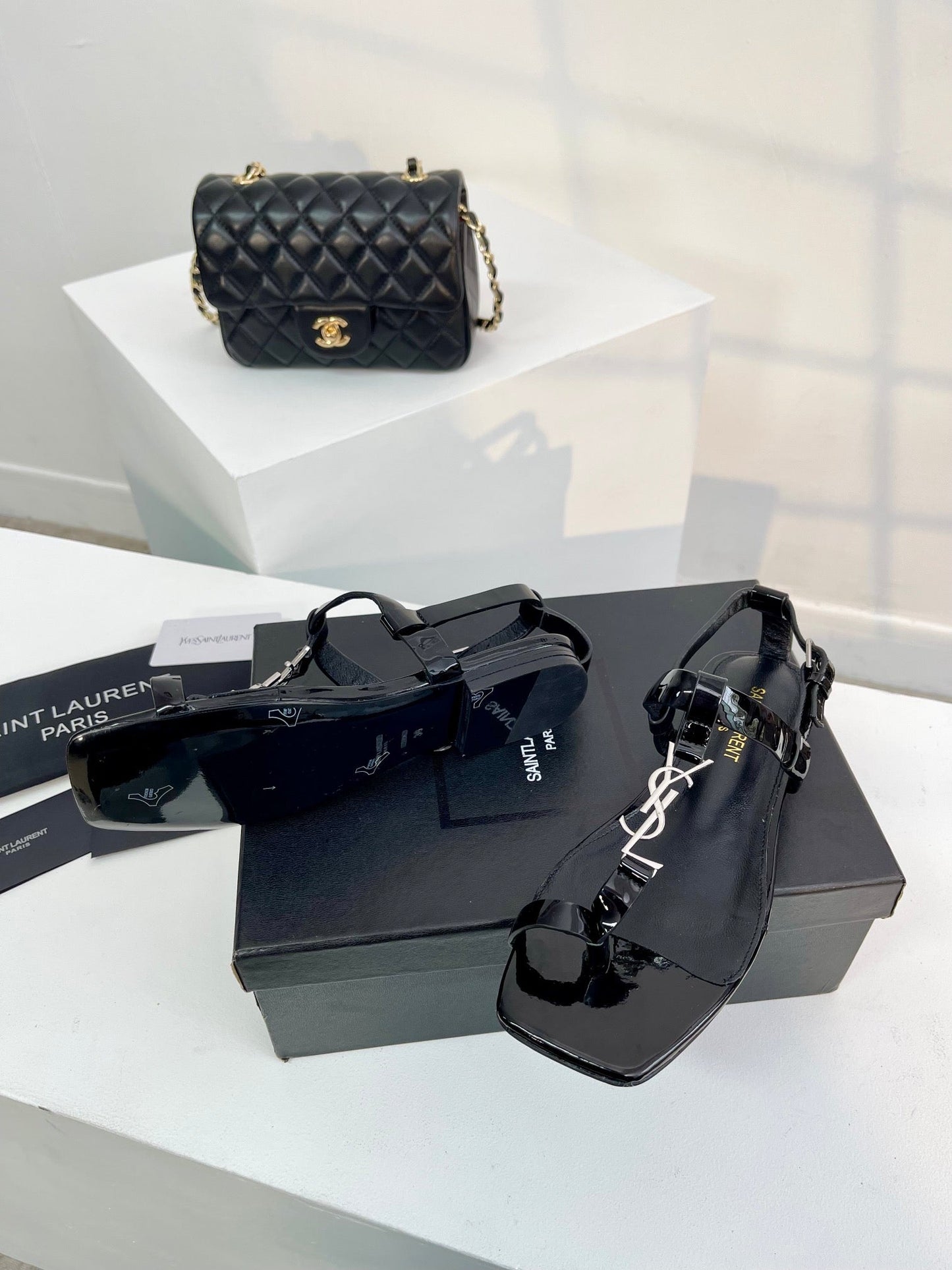 Luxury Saint Laurent SL Cassandra Flat Sandals Black Patent Leather