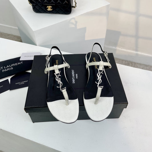 Luxury Saint Laurent SL Cassandra Croc-Embossed Thong Sandals Black White Leather