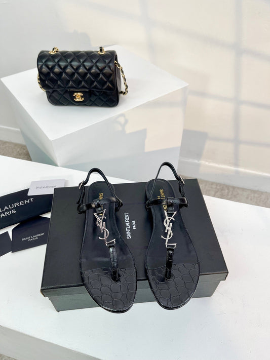 Luxury Saint Laurent SL Cassandra Croc-Embossed Thong Sandals Black Leather