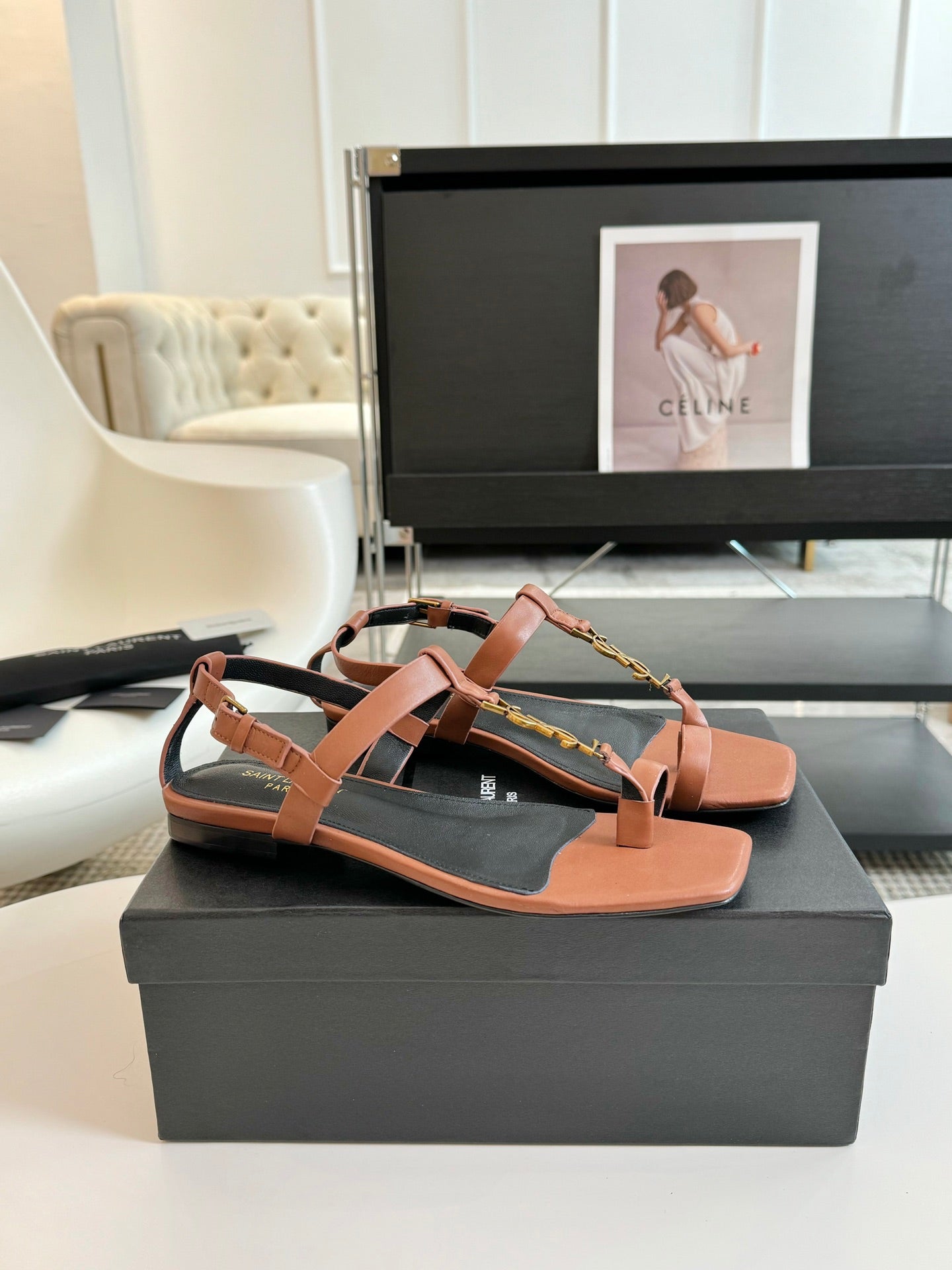 Luxury Saint Laurent SL Cassandra Flat Sandals Black Tan Leather