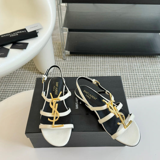 Luxury Saint Laurent SL CASSANDRA TRIPLE SANDAL FLAT WHITE CALFSKIN